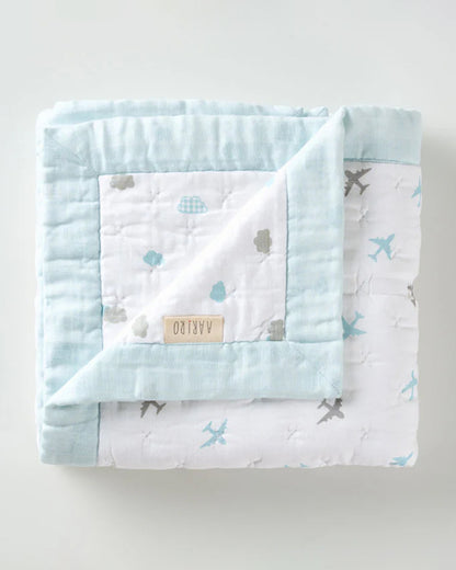 Aariro Baby Quilt -100% Organic Muslin Cotton-Ultra Soft & Breathable-White & Light Blue-Dream Big-For Infants