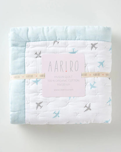 Aariro Baby Quilt -100% Organic Muslin Cotton-Ultra Soft & Breathable-White & Light Blue-Dream Big-For Infants