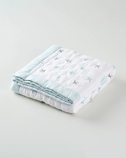Aariro Baby Quilt -100% Organic Muslin Cotton-Ultra Soft & Breathable-White & Light Blue-Dream Big-For Infants
