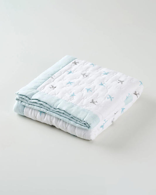 Aariro Baby Quilt -100% Organic Muslin Cotton-Ultra Soft & Breathable-White & Light Blue-Dream Big-For Infants