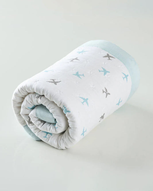 Aariro Baby Quilt -100% Organic Muslin Cotton-Ultra Soft & Breathable-White & Light Blue-Dream Big-For Infants
