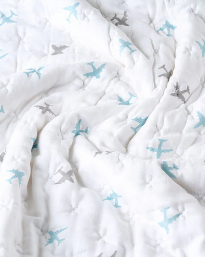Aariro Baby Quilt -100% Organic Muslin Cotton-Ultra Soft & Breathable-White & Light Blue-Dream Big-For Infants