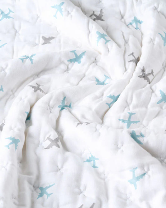 Aariro Baby Quilt -100% Organic Muslin Cotton-Ultra Soft & Breathable-White & Light Blue-Dream Big-For Infants