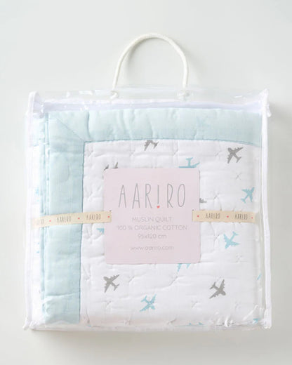 Aariro Baby Quilt -100% Organic Muslin Cotton-Ultra Soft & Breathable-White & Light Blue-Dream Big-For Infants