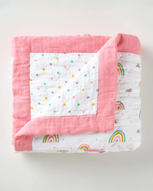Aariro Baby Quilt -100% Organic Muslin Cotton-Ultra Soft & Breathable-White & Pink-Follow the Rainbow-For Infants