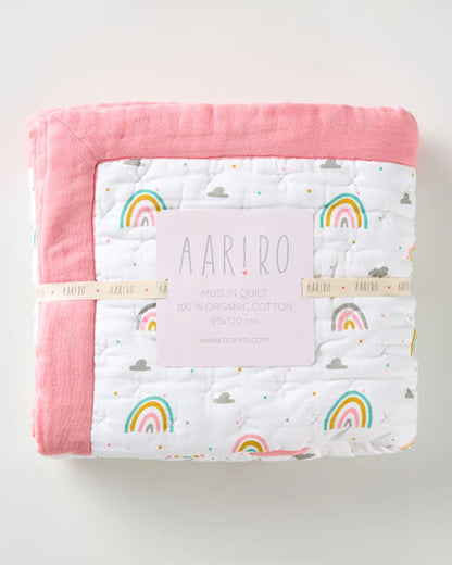 Aariro Baby Quilt -100% Organic Muslin Cotton-Ultra Soft & Breathable-White & Pink-Follow the Rainbow-For Infants