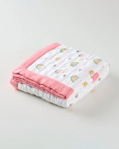 Aariro Baby Quilt -100% Organic Muslin Cotton-Ultra Soft & Breathable-White & Pink-Follow the Rainbow-For Infants