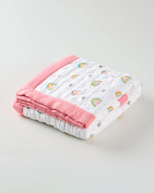 Aariro Baby Quilt -100% Organic Muslin Cotton-Ultra Soft & Breathable-White & Pink-Follow the Rainbow-For Infants