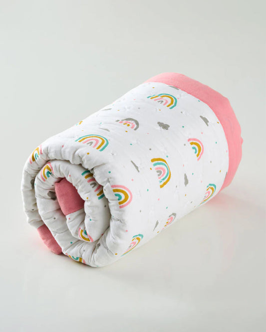 Aariro Baby Quilt -100% Organic Muslin Cotton-Ultra Soft & Breathable-White & Pink-Follow the Rainbow-For Infants