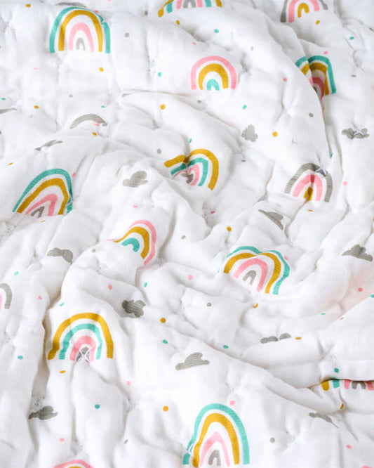 Aariro Baby Quilt -100% Organic Muslin Cotton-Ultra Soft & Breathable-White & Pink-Follow the Rainbow-For Infants