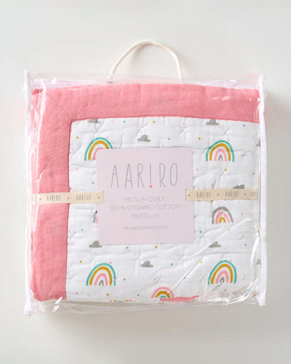 Aariro Baby Quilt -100% Organic Muslin Cotton-Ultra Soft & Breathable-White & Pink-Follow the Rainbow-For Infants