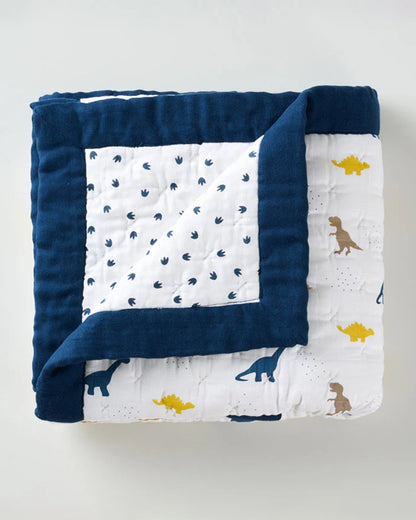 Aariro Baby Quilt -100% Organic Muslin Cotton-Ultra Soft & Breathable-White & Blue-Little Dino-For Infants