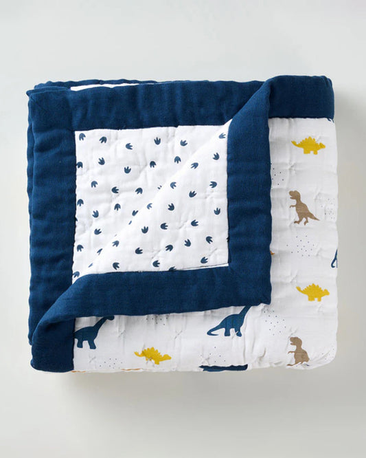 Aariro Baby Quilt -100% Organic Muslin Cotton-Ultra Soft & Breathable-White & Blue-Little Dino-For Infants