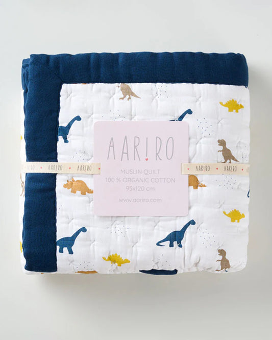 Aariro Baby Quilt -100% Organic Muslin Cotton-Ultra Soft & Breathable-White & Blue-Little Dino-For Infants