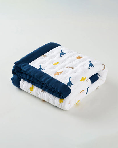 Aariro Baby Quilt -100% Organic Muslin Cotton-Ultra Soft & Breathable-White & Blue-Little Dino-For Infants