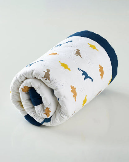 Aariro Baby Quilt -100% Organic Muslin Cotton-Ultra Soft & Breathable-White & Blue-Little Dino-For Infants