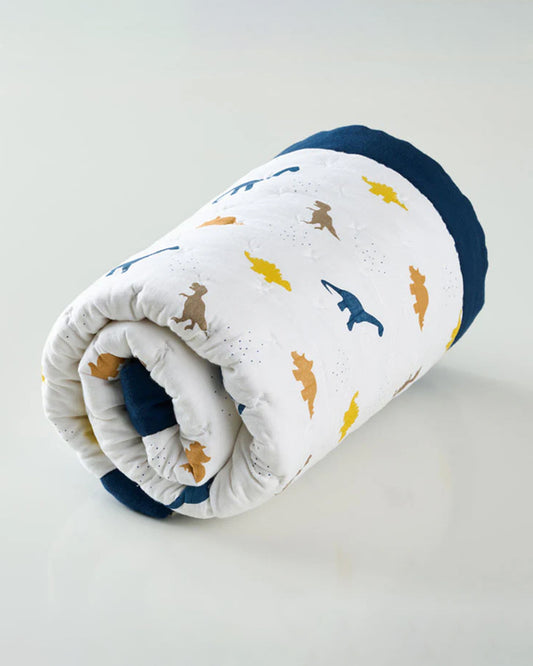 Aariro Baby Quilt -100% Organic Muslin Cotton-Ultra Soft & Breathable-White & Blue-Little Dino-For Infants