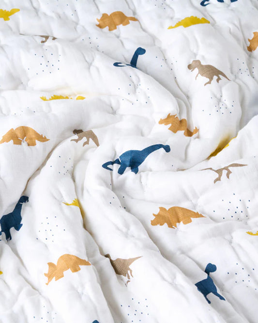 Aariro Baby Quilt -100% Organic Muslin Cotton-Ultra Soft & Breathable-White & Blue-Little Dino-For Infants