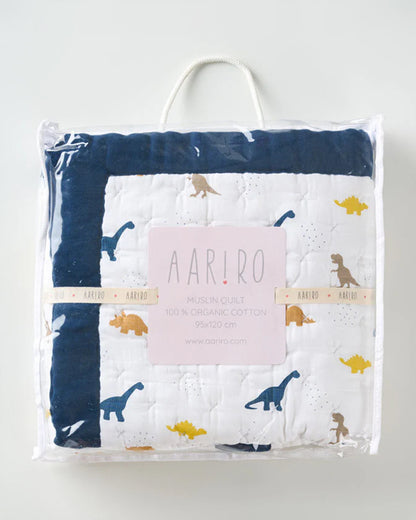 Aariro Baby Quilt -100% Organic Muslin Cotton-Ultra Soft & Breathable-White & Blue-Little Dino-For Infants