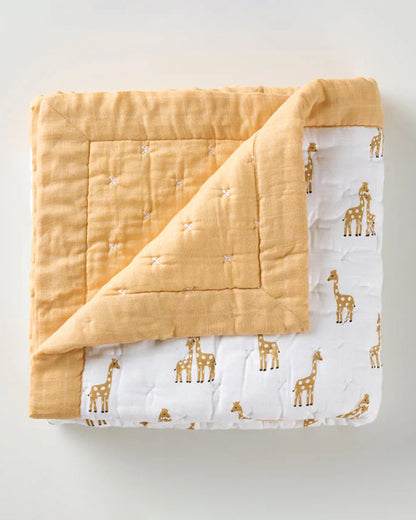 Aariro Baby Quilt -100% Organic Muslin Cotton-Ultra Soft & Breathable-White & Mustard-Stand Tall-For Infants