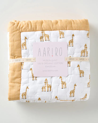 Aariro Baby Quilt -100% Organic Muslin Cotton-Ultra Soft & Breathable-White & Mustard-Stand Tall-For Infants