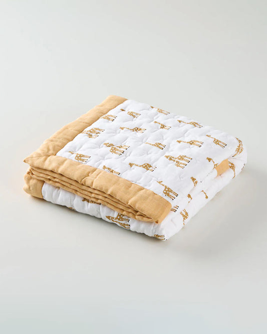 Aariro Baby Quilt -100% Organic Muslin Cotton-Ultra Soft & Breathable-White & Mustard-Stand Tall-For Infants