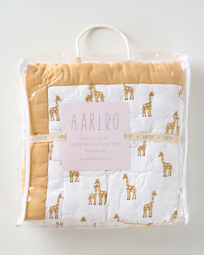 Aariro Baby Quilt -100% Organic Muslin Cotton-Ultra Soft & Breathable-White & Mustard-Stand Tall-For Infants