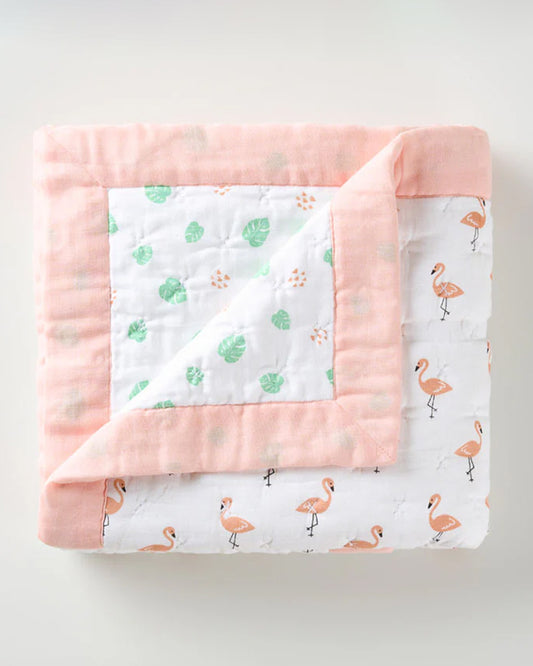 Aariro Baby Quilt -100% Organic Muslin Cotton-Ultra Soft & Breathable-White & Light Pink-Tropical Flamingo-For Infants