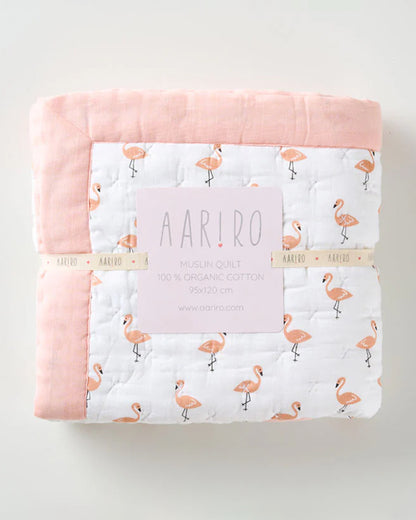 Aariro Baby Quilt -100% Organic Muslin Cotton-Ultra Soft & Breathable-White & Light Pink-Tropical Flamingo-For Infants