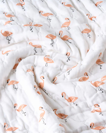 Aariro Baby Quilt -100% Organic Muslin Cotton-Ultra Soft & Breathable-White & Light Pink-Tropical Flamingo-For Infants