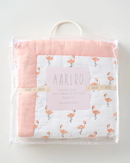 Aariro Baby Quilt -100% Organic Muslin Cotton-Ultra Soft & Breathable-White & Light Pink-Tropical Flamingo-For Infants