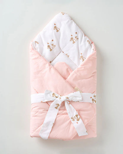 Aariro Quilted Baby Carrier Nest Cum Receiving Blanket-Honey Bunny-White & Pink-For Infants