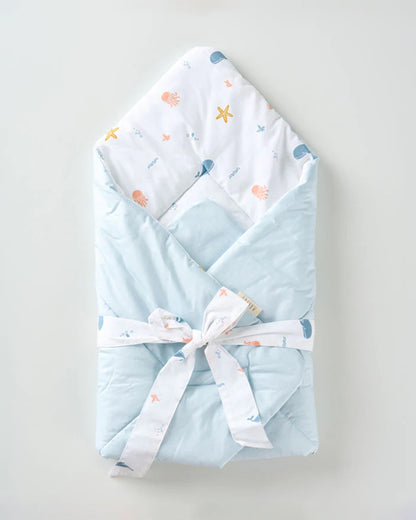 Aariro Quilted Baby Carrier Nest Cum Receiving Blanket-Under the Sea-White & Light Blue-For Infants
