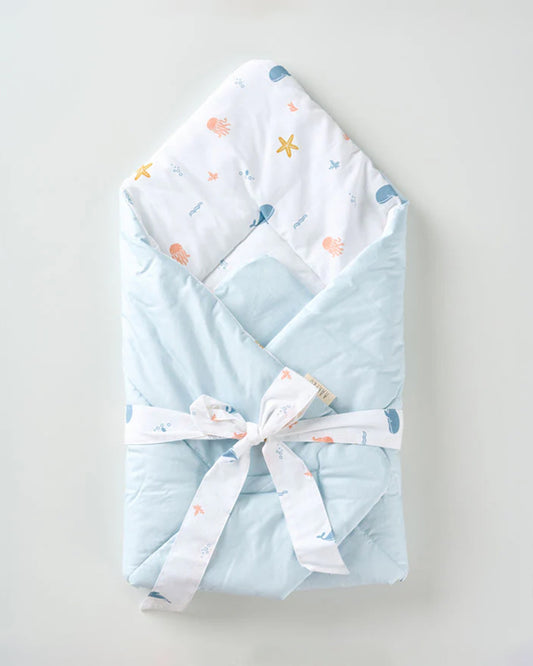 Aariro Quilted Baby Carrier Nest Cum Receiving Blanket-Under the Sea-White & Light Blue-For Infants
