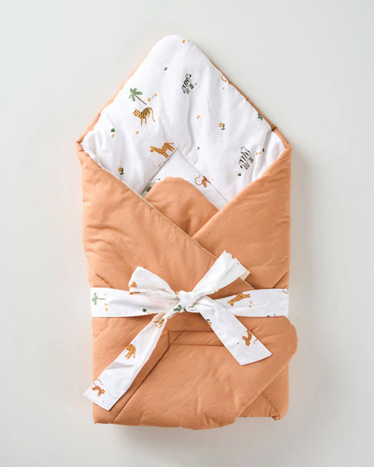 Aariro Quilted Baby Carrier Nest Cum Receiving Blanket-Wild Safari-White & Orange-For Infants