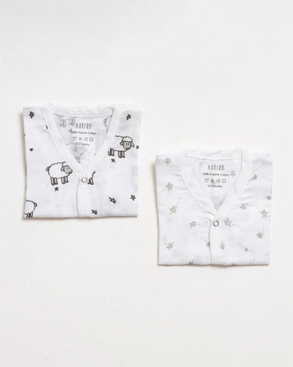 Aariro White Jhablas-Counting Sheep-100% GOTS Certified Organic Muslin-Pack of 2-For Infants