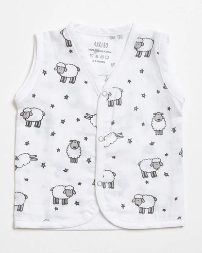 Aariro White Jhablas-Counting Sheep-100% GOTS Certified Organic Muslin-Pack of 2-For Infants