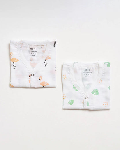Aariro White Jhablas-Tropical Flamingo-100% GOTS Certified Organic Muslin-Pack of 2-For Infants