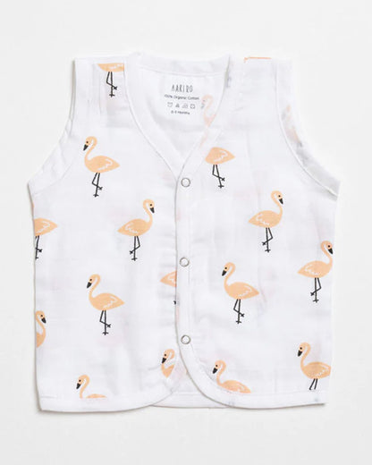 Aariro White Jhablas-Tropical Flamingo-100% GOTS Certified Organic Muslin-Pack of 2-For Infants