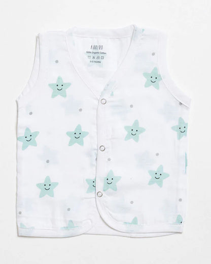 Aariro White Jhablas-Mint Smiley Star-100% GOTS Certified Organic Muslin-Pack of 2-For Infants