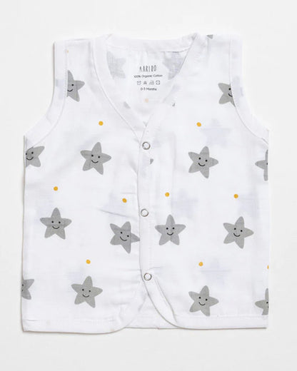 Aariro White Jhablas-Mint Smiley Star-100% GOTS Certified Organic Muslin-Pack of 2-For Infants