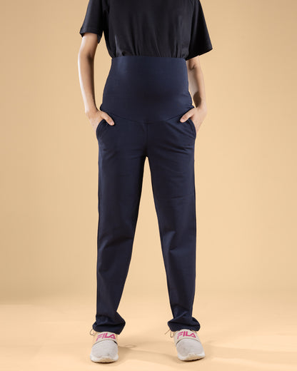 Wobbly Walk Navy Blue Maternity Yoga Pant-Solid Color-French-Terry-Straight Fit-Bump Friendly