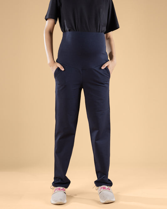 Wobbly Walk Navy Blue Maternity Yoga Pant-Solid Color-French-Terry-Straight Fit-Bump Friendly