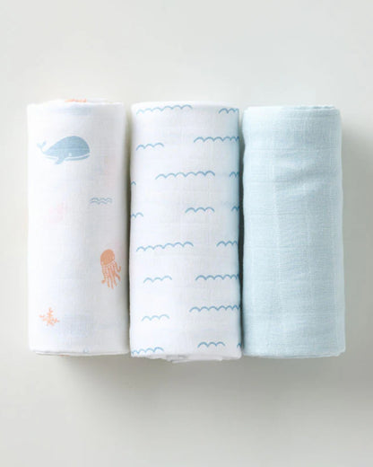 Aariro Muslin Swaddle-Under the Sea-Pack of 3-Organic Cotton-Infant Wraps