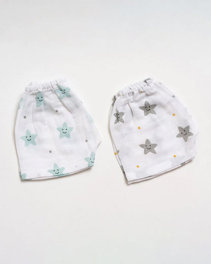 Aariro White Shorts-Mint Smiley Star-100% Organic Cotton Muslin-Pack of 2-For Infants