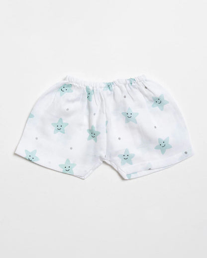 Aariro White Shorts-Mint Smiley Star-100% Organic Cotton Muslin-Pack of 2-For Infants