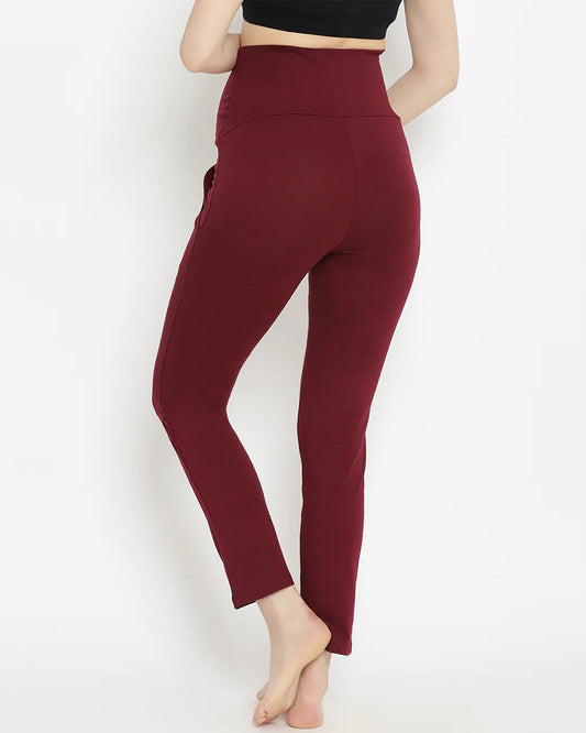 Wobbly Walk Wine Berry Maternity Yoga Pant-Solid Color-French-Terry-Straight Fit-Bump Friendly