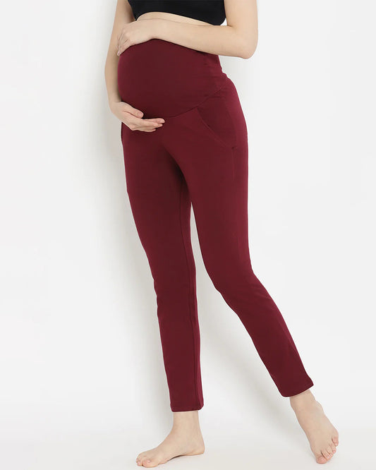 Wobbly Walk Wine Berry Maternity Yoga Pant-Solid Color-French-Terry-Straight Fit-Bump Friendly