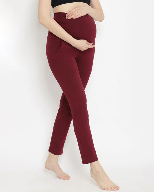 Wobbly Walk Wine Berry Maternity Yoga Pant-Solid Color-French-Terry-Straight Fit-Bump Friendly