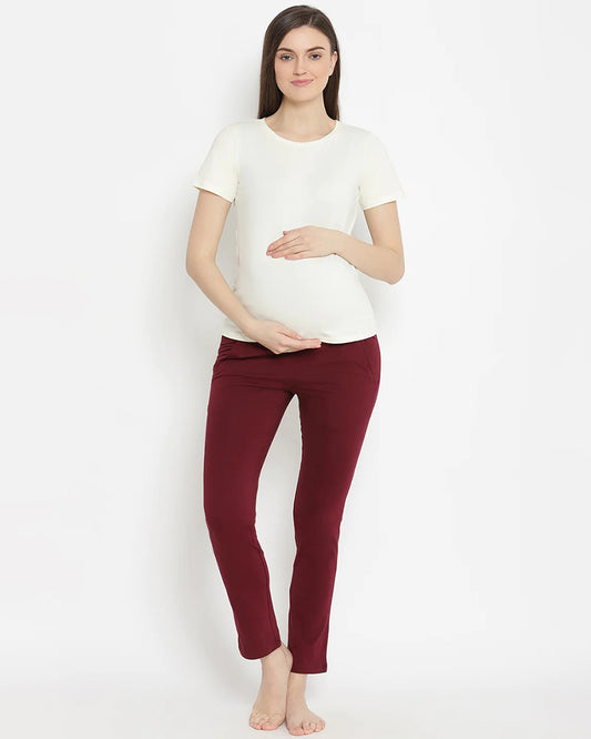 Wobbly Walk Wine Berry Maternity Yoga Pant-Solid Color-French-Terry-Straight Fit-Bump Friendly